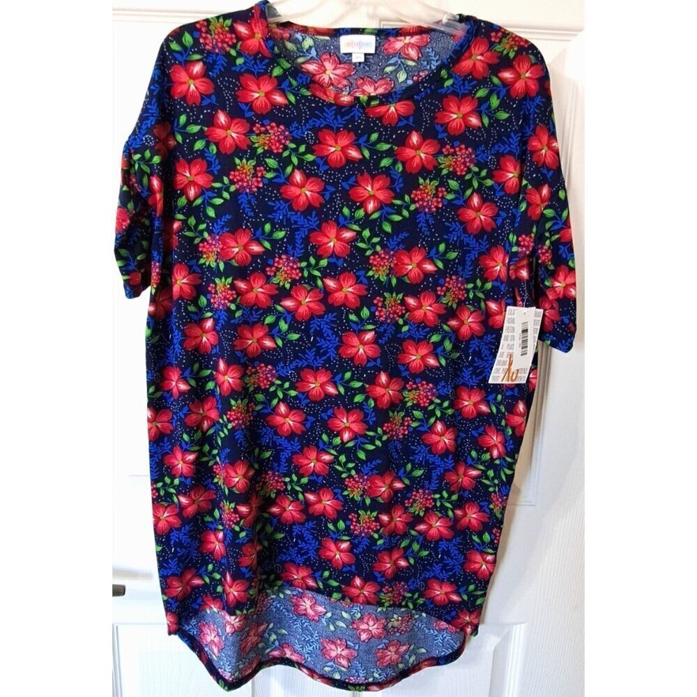 Lularoe Women's Irma XS Tunic Red Blue Floral Print Short Sleeve New w/Tags